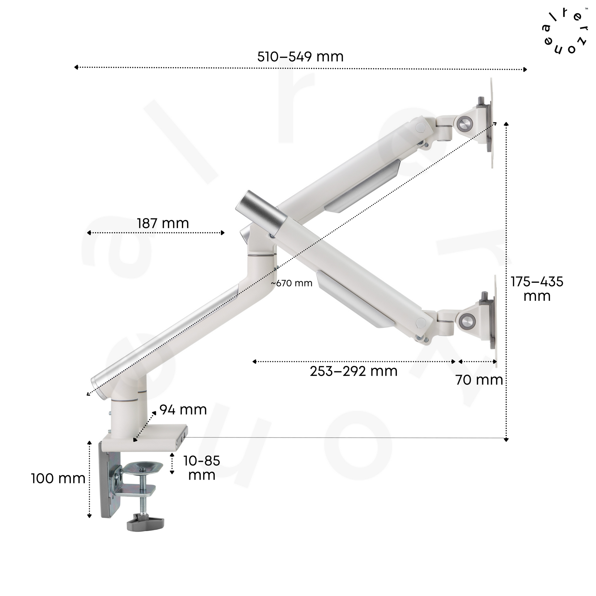 Alterzone Arm Duo USB Aluminum Monitor Arm, 2 x USB 3.0 Ports, White